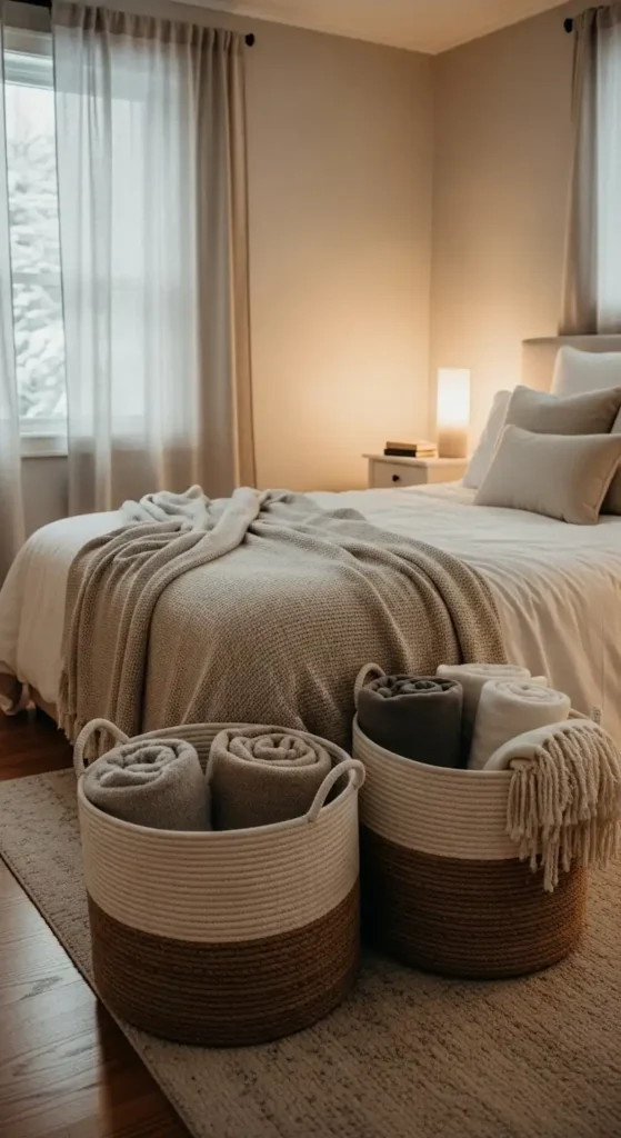 store-extra-blankets-in-woven-baskets