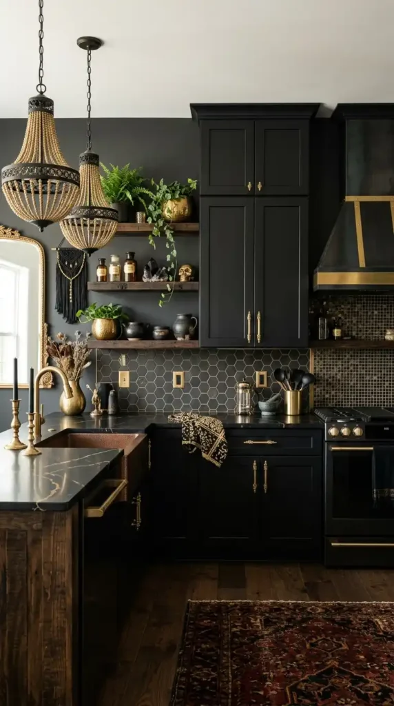 16 Stylish Goth Boho Decor Kitchen Ideas for Modern Homes 12 brass-and-gold-accents