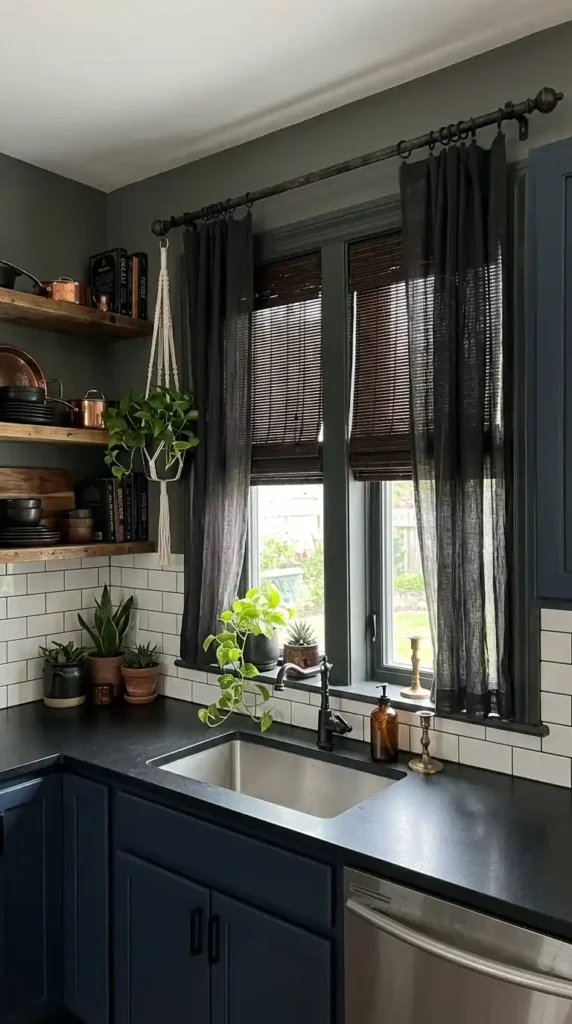 16 Stylish Goth Boho Decor Kitchen Ideas for Modern Homes 13 dark-curtains-or-blinds