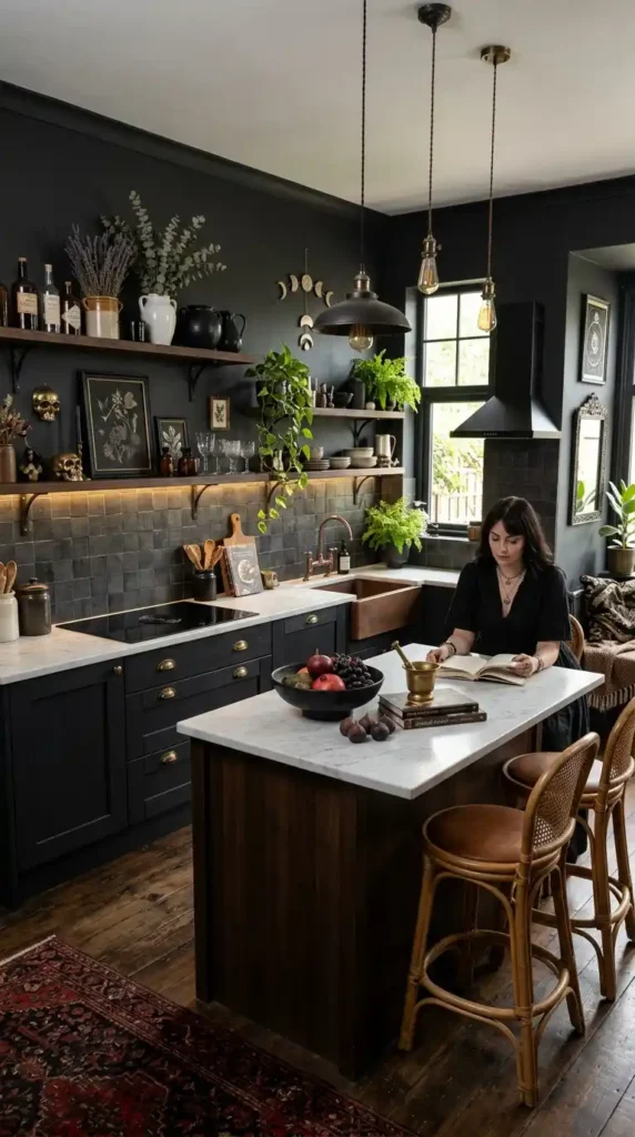 16 Stylish Goth Boho Decor Kitchen Ideas for Modern Homes 4 dark-walls-with-light-countertops