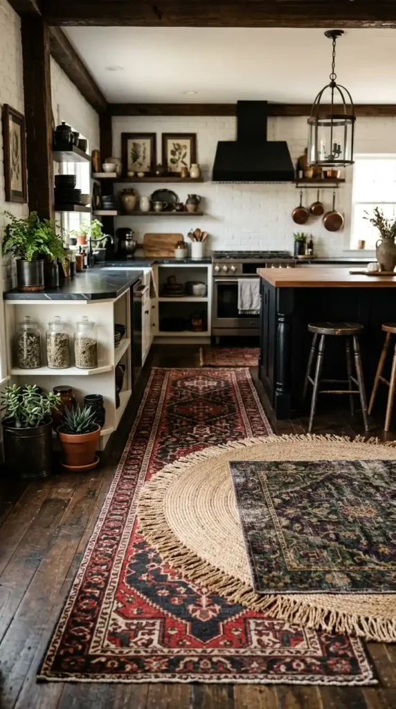 16 Stylish Goth Boho Decor Kitchen Ideas for Modern Homes 8 layered-rugs-and-runners
