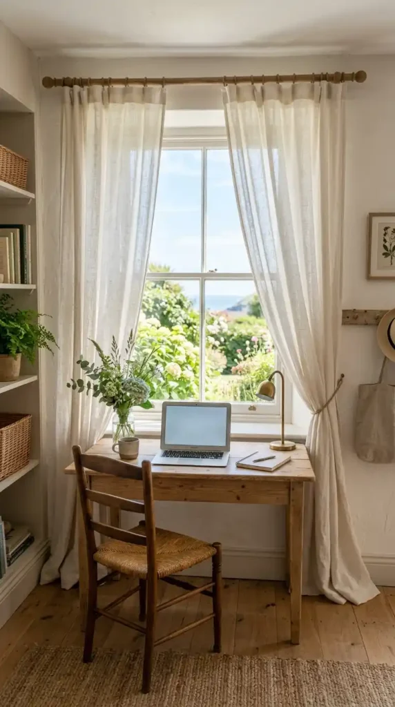 17 Best Summer Home Office Ideas That Feel Fresh and Productive 3 light-linen-curtains
