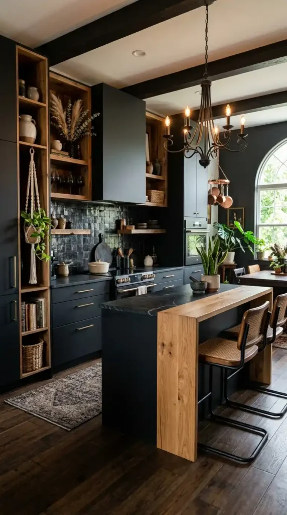 16 Stylish Goth Boho Decor Kitchen Ideas for Modern Homes 2 matte-black-cabinets-with-wood-accents