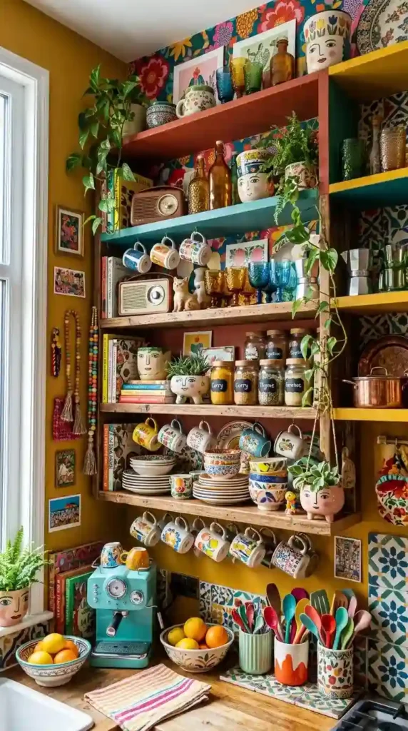 17 Funky Kitchen Designs for a Bold, Modern Home Makeover 3 maximalist-open-shelving