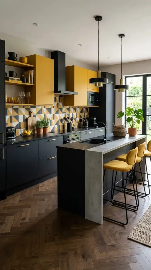 16 Mustard Kitchen Ideas to Create a Cozy and Trendy Cooking Space 13 mustard-and-black-contrast-kitchen
