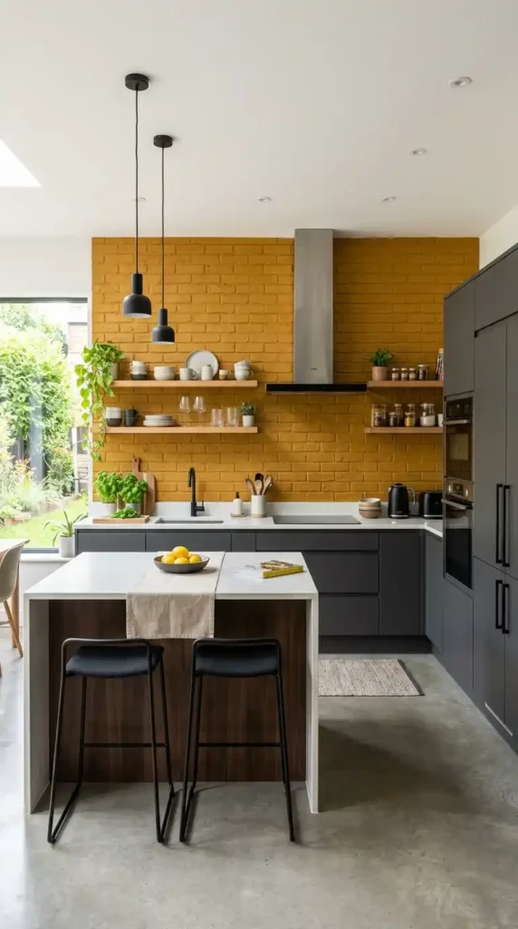 16 Mustard Kitchen Ideas to Create a Cozy and Trendy Cooking Space 16 mustard-brick-wall-kitchen