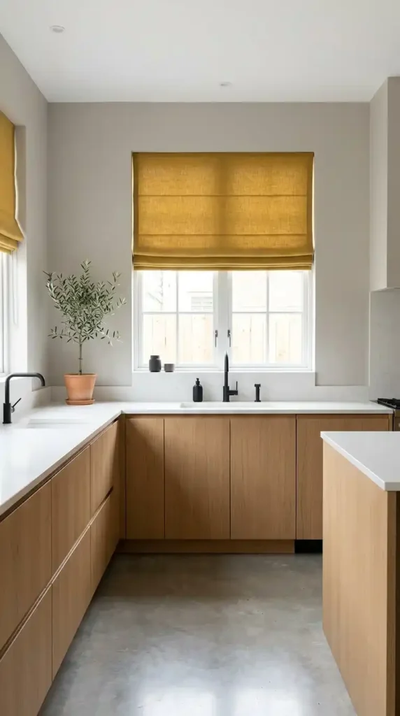 16 Mustard Kitchen Ideas to Create a Cozy and Trendy Cooking Space 10 mustard-curtains-or-roman-shades
