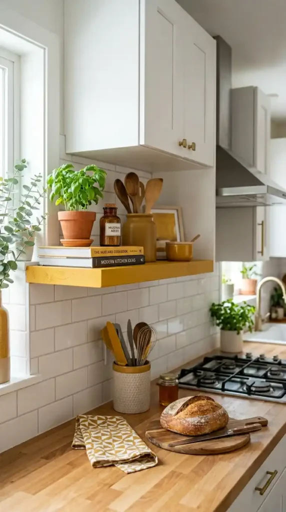 16 Mustard Kitchen Ideas to Create a Cozy and Trendy Cooking Space 12 mustard-floating-shelf-decor