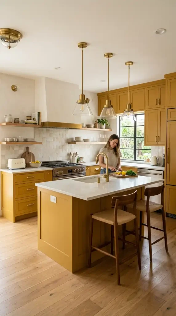 16 Mustard Kitchen Ideas to Create a Cozy and Trendy Cooking Space 17 mustard-kitchen-with-brass-hardware