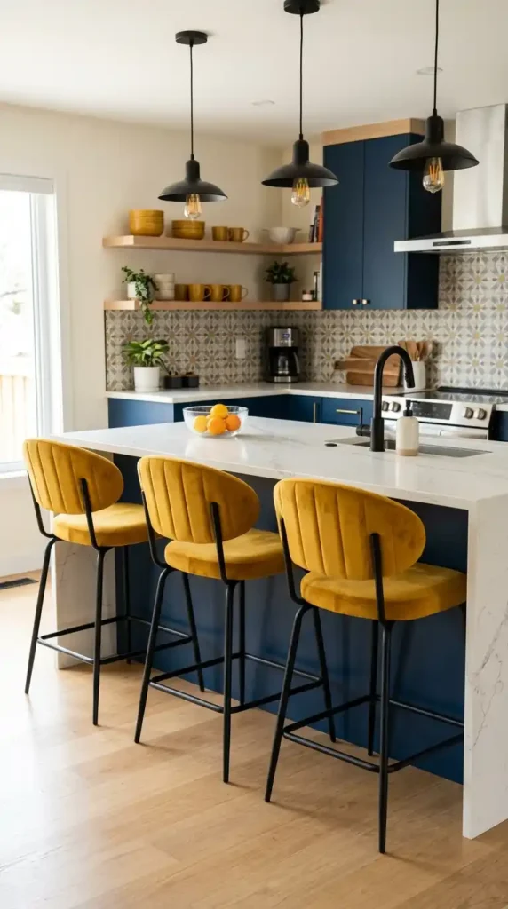 16 Mustard Kitchen Ideas to Create a Cozy and Trendy Cooking Space 4 mustard-velvet-bar-stools