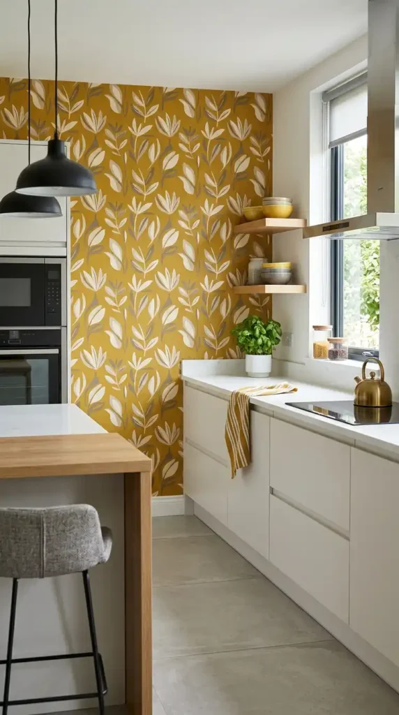 16 Mustard Kitchen Ideas to Create a Cozy and Trendy Cooking Space 14 mustard-wallpaper-feature-wall