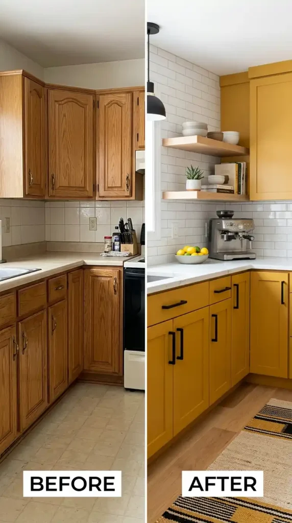 16 Mustard Kitchen Ideas to Create a Cozy and Trendy Cooking Space 2 mustard-yellow-cabinet-makeover