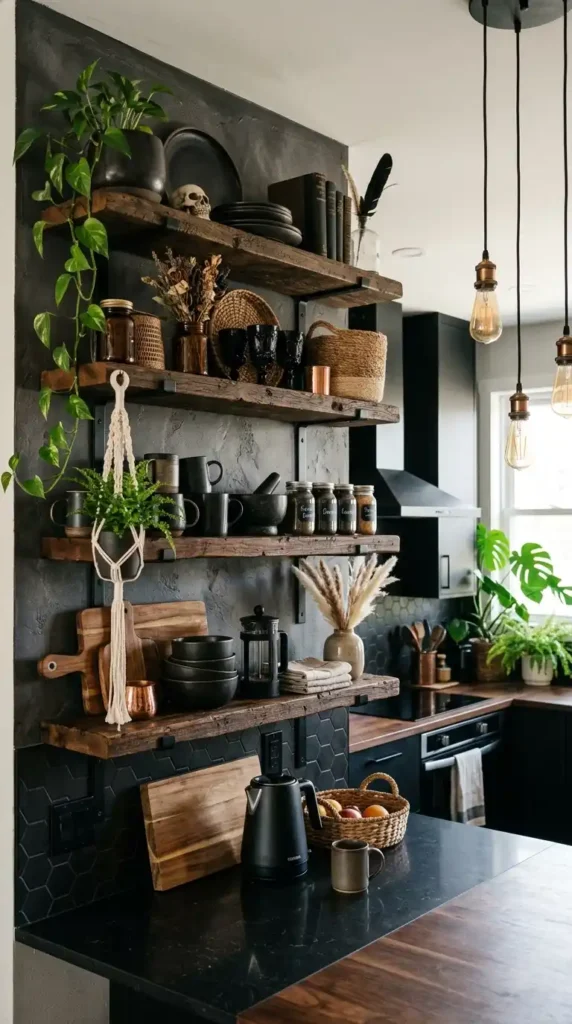 16 Stylish Goth Boho Decor Kitchen Ideas for Modern Homes 3 open-shelving-with-mixed-textures