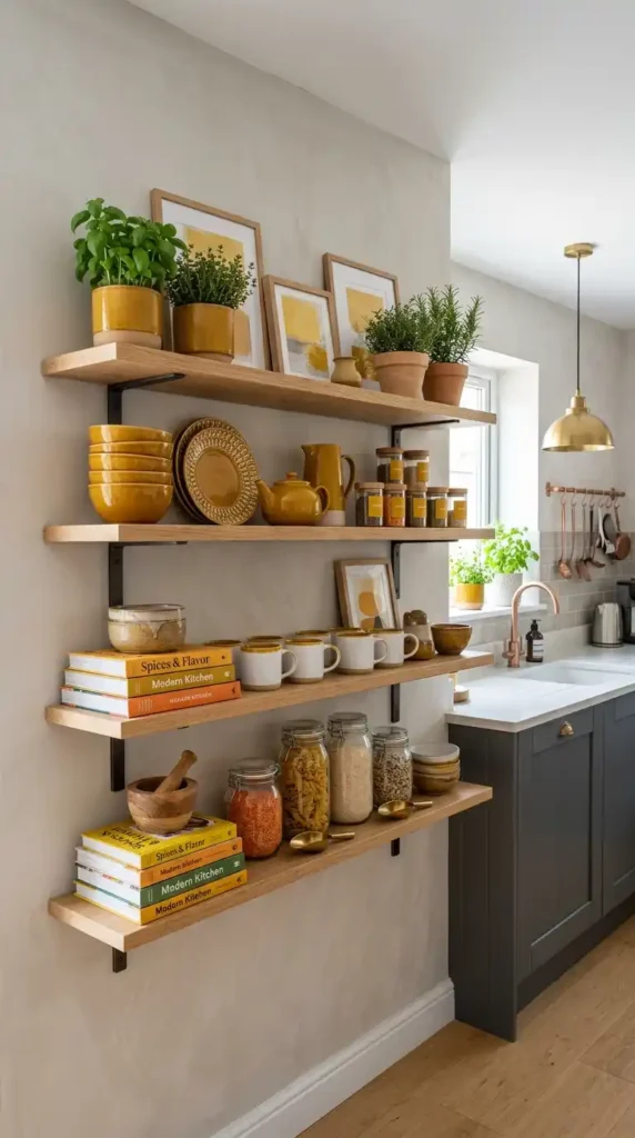 16 Mustard Kitchen Ideas to Create a Cozy and Trendy Cooking Space 5 open-shelving-with-mustard-accents