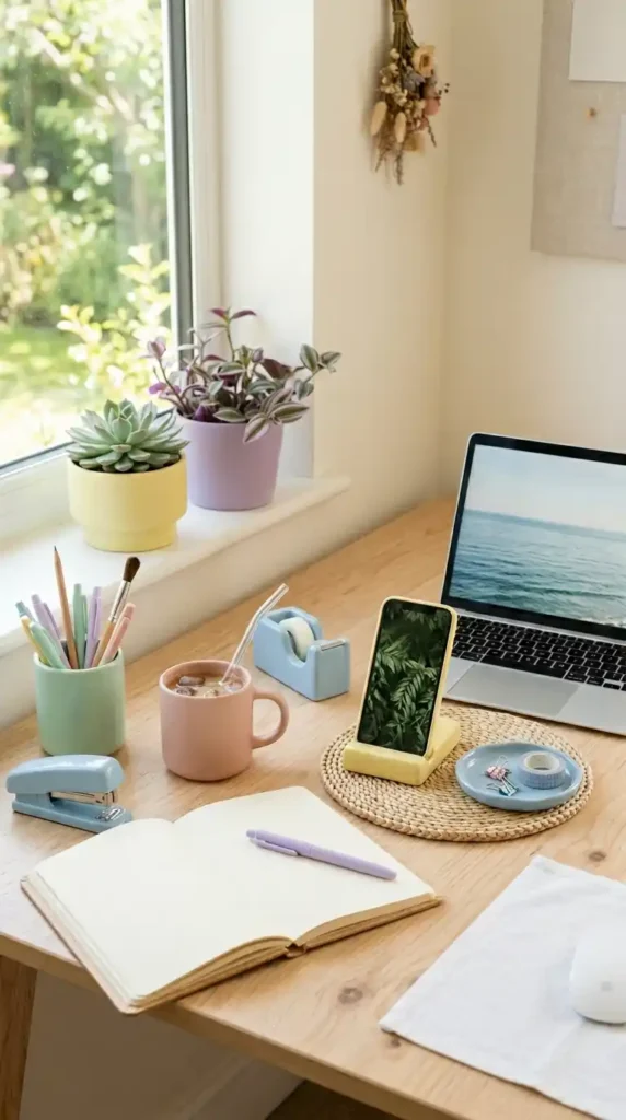 17 Best Summer Home Office Ideas That Feel Fresh and Productive 9 soft-pastel-desk-accessories
