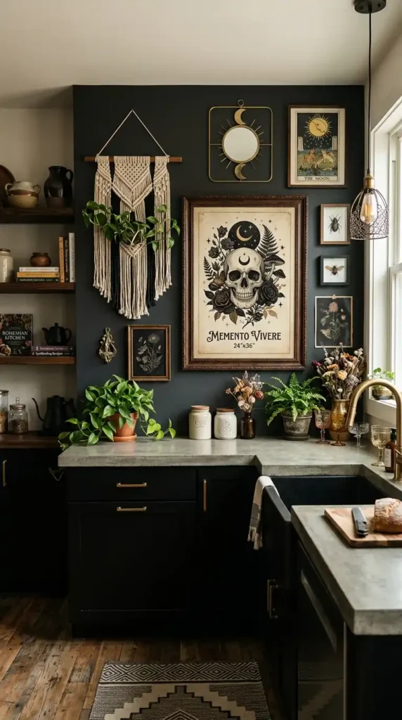 16 Stylish Goth Boho Decor Kitchen Ideas for Modern Homes 11 statement-wall-art