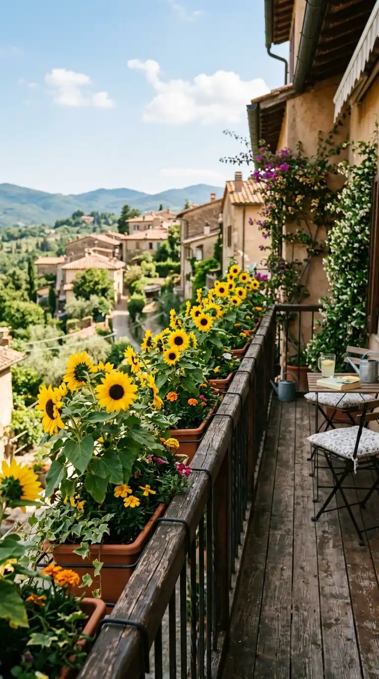 sunflower-planters-along-the-balcony-railing